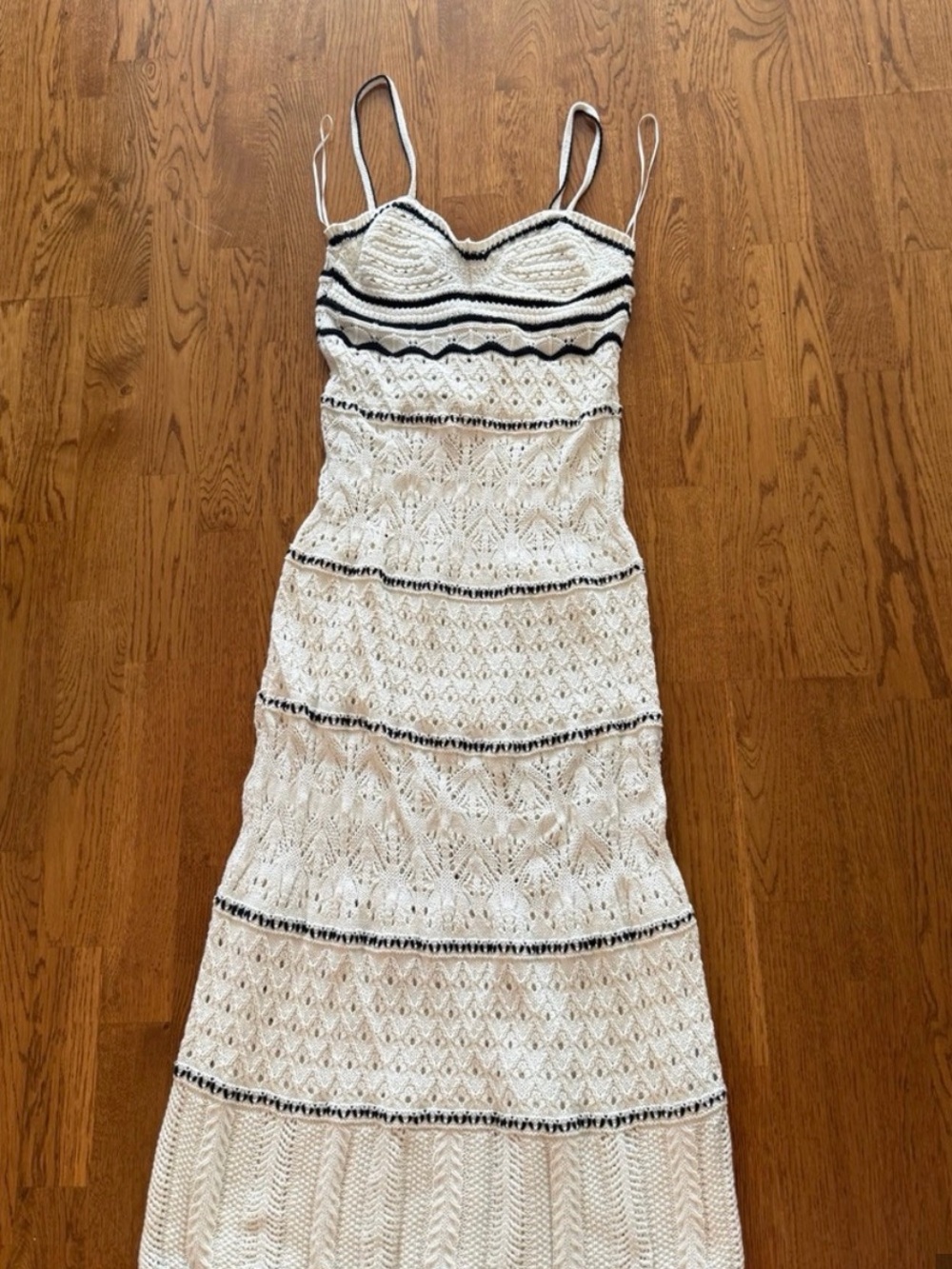 Zara White Crochet Maxi Dress with Black Trim - Spaghetti Straps